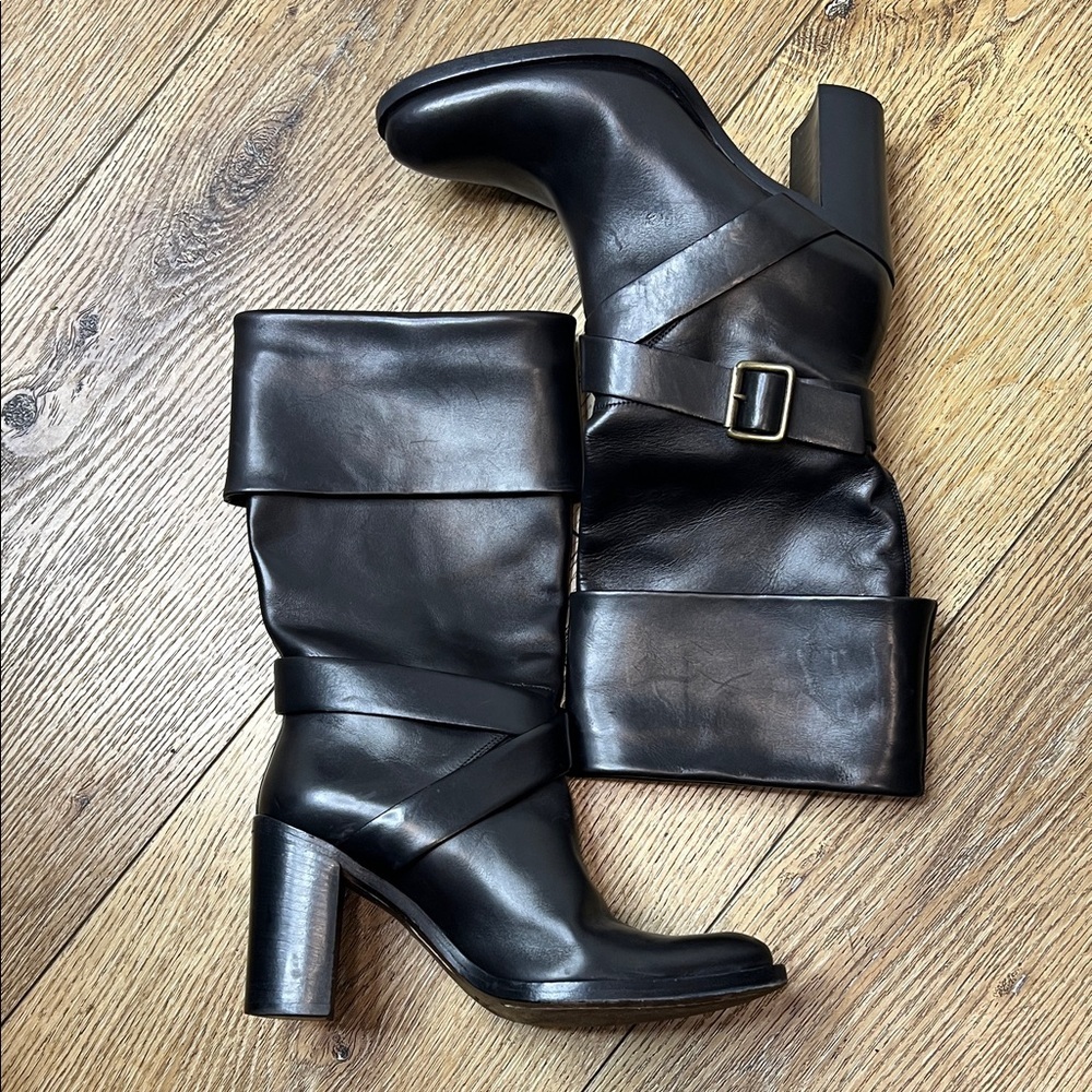 Roberto Del Carlo Black Leather Flap Mid Calf Heeled Boots Size 35/5US